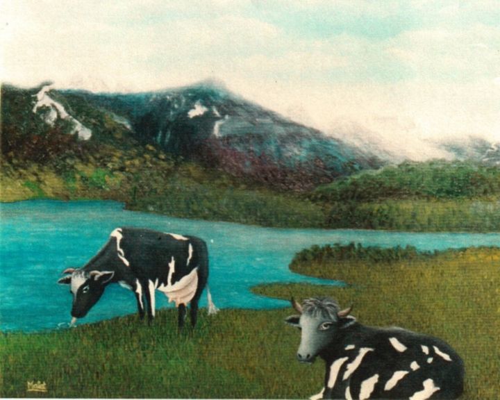 Painting titled "VACHES SUISSES, HUI…" by Christiane Malet, Original Artwork, Other