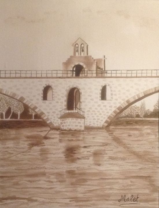 Dessin intitulée "PONT ST BENEZET AVI…" par Christiane Malet, Œuvre d'art originale, Encre