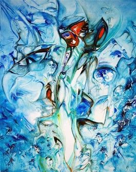 Painting titled "Blue What ?" by Christian Gorget, Original Artwork, Oil
