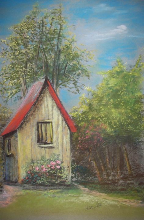 Painting titled "la cabane de jardin" by Christian Nieto, Original Artwork, Pastel