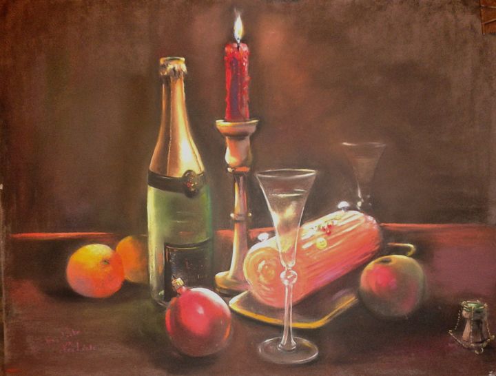 Painting titled "Gourmandises de fin…" by Christian Nieto, Original Artwork, Pastel