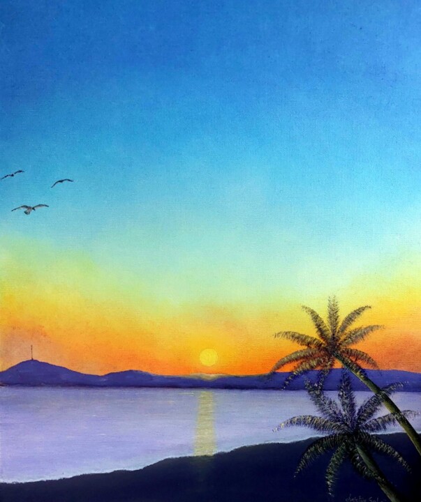 Peinture intitulée "couché de soleil su…" par Christian Salaun, Œuvre d'art originale, Huile