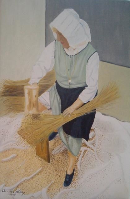 Pittura intitolato "travail du lin" da Christian Salaun, Opera d'arte originale, Olio