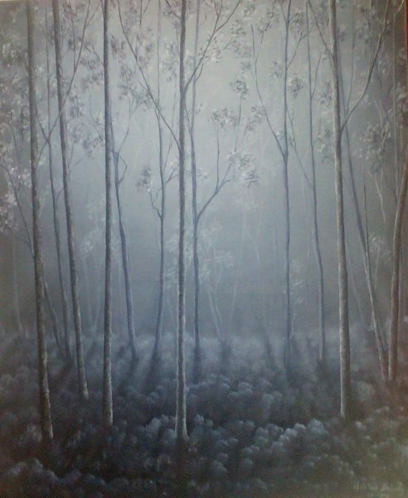 Painting titled "sous-bois-nocturne.…" by Christian Salaun, Original Artwork, Oil