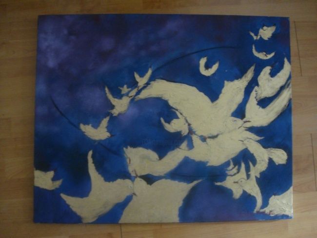 Pittura intitolato "Vol d'oiseaux dorés" da Christian Vachette, Opera d'arte originale, Olio