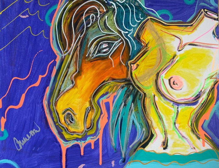 绘画 标题为“Naked woman and hor…” 由Christin Cameron, 原创艺术品, 丙烯 安装在木质担架架上