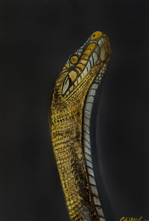 「"Snake"」というタイトルの描画 Christina Kristovskyによって, オリジナルのアートワーク, シルバーポイント ウッドパネルにマウント