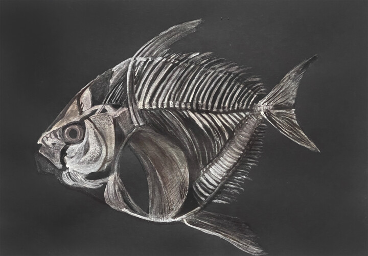 Drawing titled ""skeleton of a fish"" by Christina Kristovsky, Original Artwork, Acrylic Mounted on Wood Panel