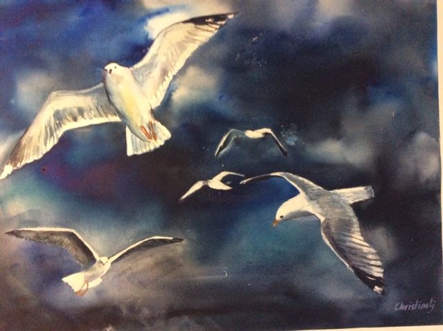 Pittura intitolato "Up in the sky" da Christina Ljungberg, Opera d'arte originale, Acquarello
