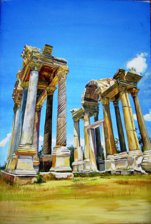 Malerei mit dem Titel "Greece Ruins" von Kristina Zelenskaya, Original-Kunstwerk, Gouache Auf Holzplatte montiert