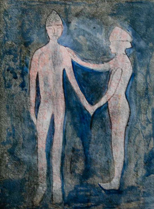 Pittura intitolato "Couple Divin 02" da Christine Jegaden, Opera d'arte originale, pigmenti Montato su Pannello di legno
