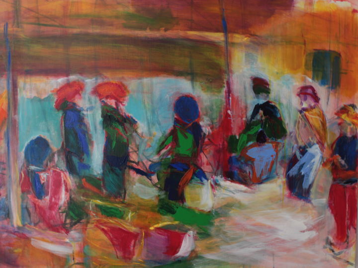 Painting titled "Femmes au marché Bi…" by Christine Albera, Original Artwork, Acrylic