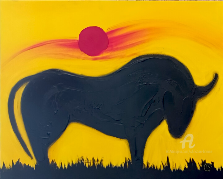 Painting titled "Soleil de Camargue" by Christine Barone, Original Artwork, Acrylic Mounted on Wood Stretcher frame