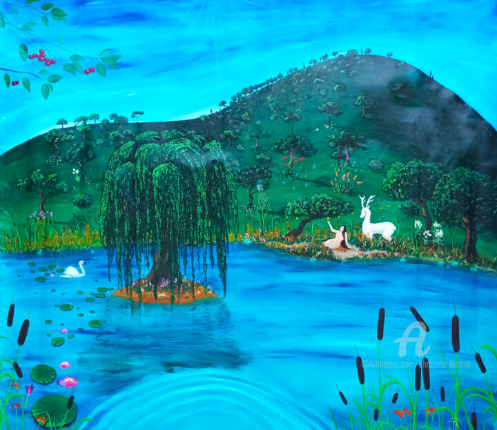 Peinture intitulée "Au bord du lac" par Christine Barone, Œuvre d'art originale, Acrylique