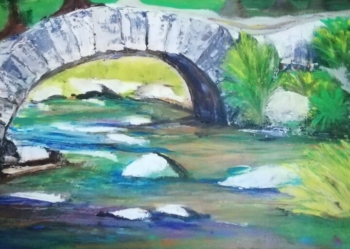 Peinture intitulée "Un pont de pierres" par Christine Barras, Œuvre d'art originale, Huile