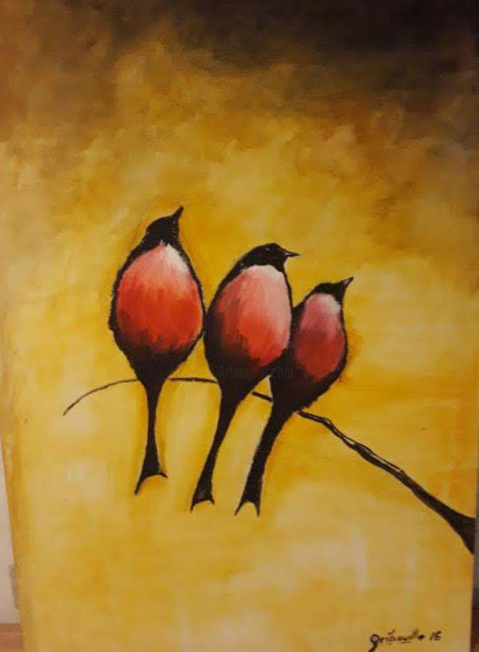 Painting titled "les oiseaux" by Christine Mc Ghie, Original Artwork, Oil