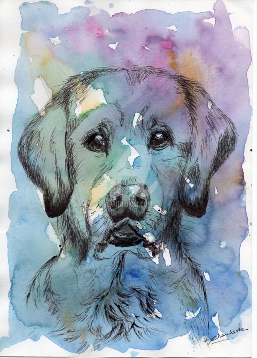 Peinture intitulée "Chien bleu" par Christine Chaussade, Œuvre d'art originale, Aquarelle