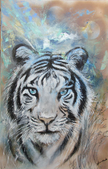 Painting titled "Tigre bleu" by Christine Chaussade, Original Artwork, Acrylic