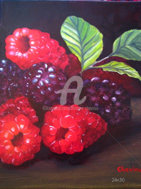Painting titled "framboises" by Christine Chevieux, Original Artwork, Oil