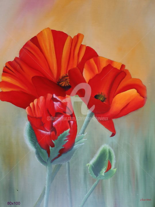 Painting titled "pavots" by Christine Chevieux, Original Artwork, Oil