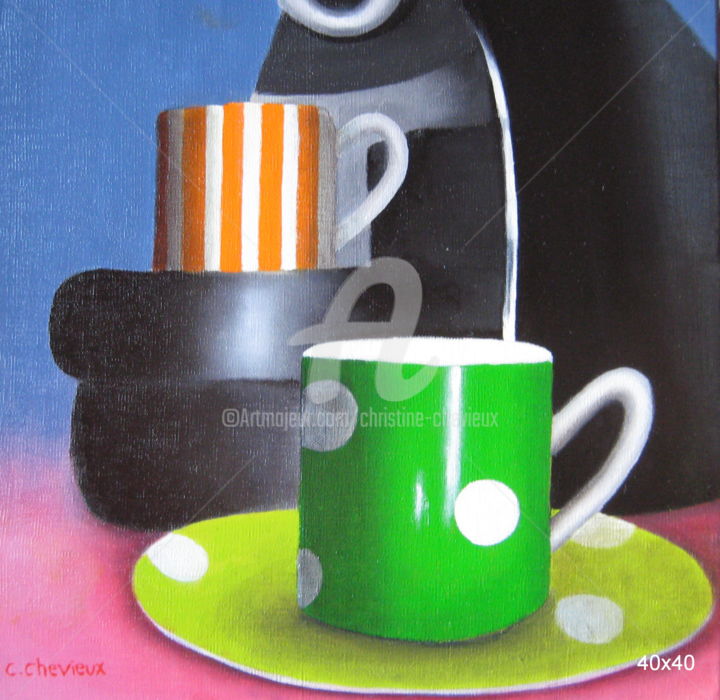 Painting titled "café 2" by Christine Chevieux, Original Artwork, Oil