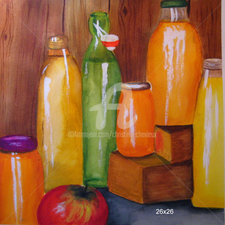 Painting titled "jus de pommes" by Christine Chevieux, Original Artwork, Watercolor