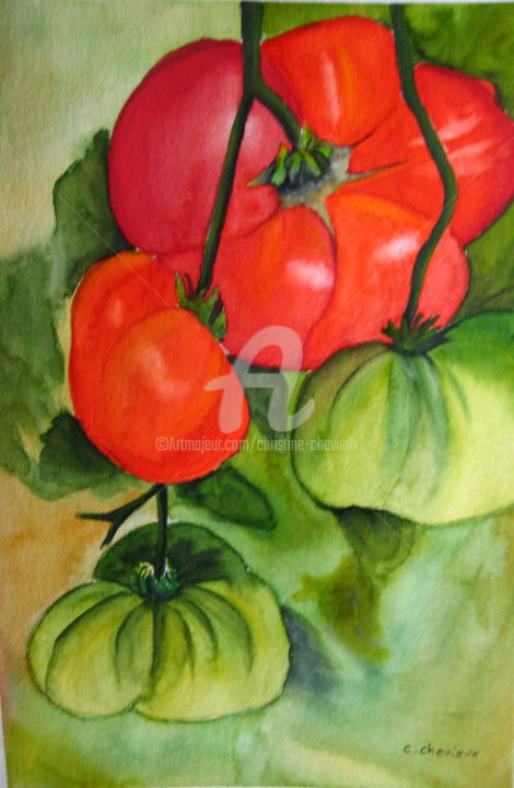 Painting titled "tomates" by Christine Chevieux, Original Artwork, Watercolor