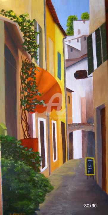 Schilderij getiteld "petite rue de Saorg…" door Christine Chevieux, Origineel Kunstwerk, Olie