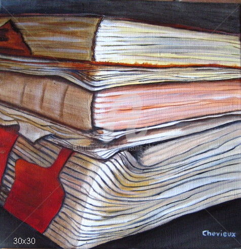 Schilderij getiteld "vieux livres" door Christine Chevieux, Origineel Kunstwerk, Olie