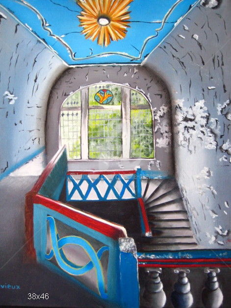 Painting titled "escalier" by Christine Chevieux, Original Artwork, Oil