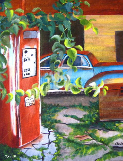 Painting titled "station service" by Christine Chevieux, Original Artwork, Oil