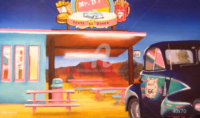 Painting titled "route 66" by Christine Chevieux, Original Artwork, Oil