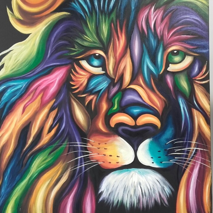 Malarstwo zatytułowany „Mon lion” autorstwa Christine Collin, Oryginalna praca, Olej Zamontowany na Drewniana rama noszy