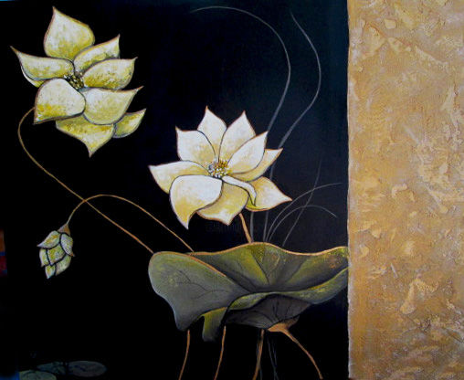 Schilderij getiteld "golden-lotus" door Christine Coscioli, Origineel Kunstwerk, Acryl