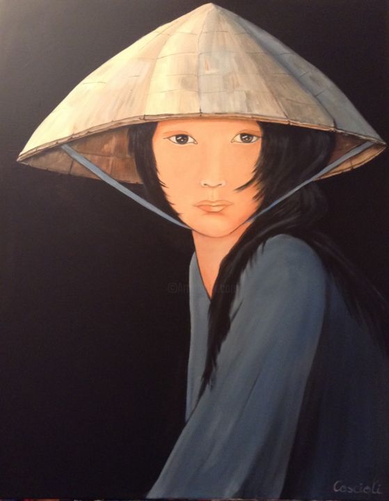 Painting titled "Hoi han lady" by Christine Coscioli, Original Artwork, Acrylic Mounted on Wood Stretcher frame