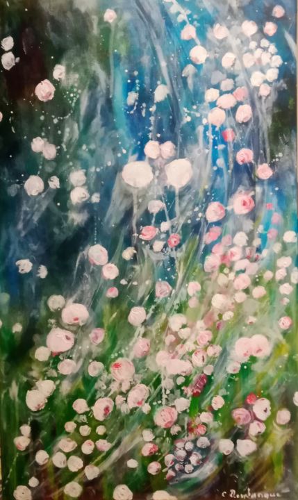 Pintura intitulada "Pluie de fleurs" por Christine Desplanque, Obras de arte originais, Acrílico Montado em Armação em madei…