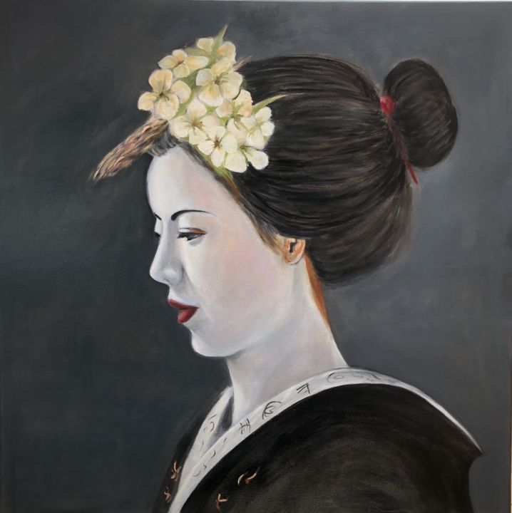Malerei mit dem Titel "Geisha" von Christine Franceschini, Original-Kunstwerk, Öl Auf Keilrahmen aus Holz montiert