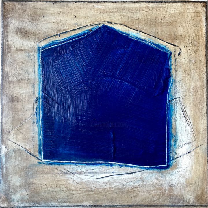 Painting titled "La maison bleue" by Christine Membrez, Original Artwork, Acrylic Mounted on Wood Stretcher frame
