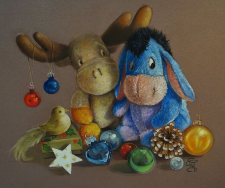 Drawing titled "Christma's friends" by Christine Mergnat, Original Artwork, Pastel