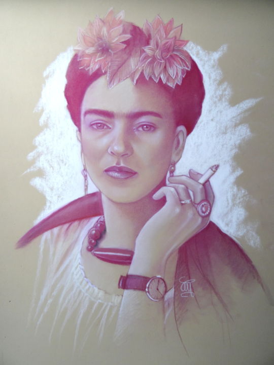 Pintura intitulada "un air de Frida.." por Christine Mergnat, Obras de arte originais, Pastel