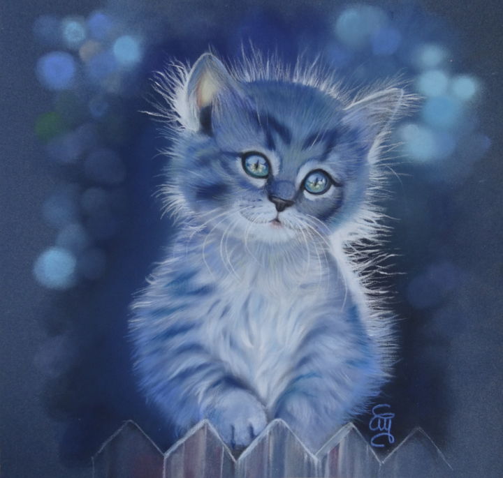 Painting titled "blue kitten" by Christine Mergnat, Original Artwork, Pastel