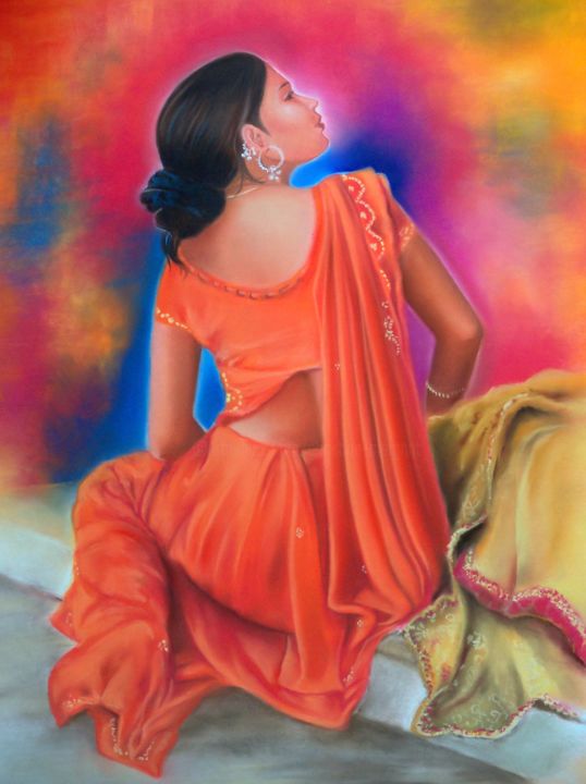 Painting titled ""le sari rouge"" by Christine Mergnat, Original Artwork, Pastel