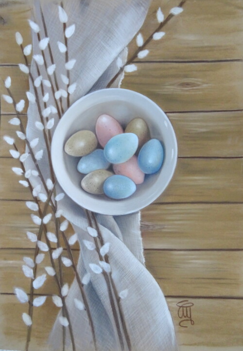 Peinture intitulée ""les oeufs de Pâque…" par Christine Mergnat, Œuvre d'art originale, Pastel