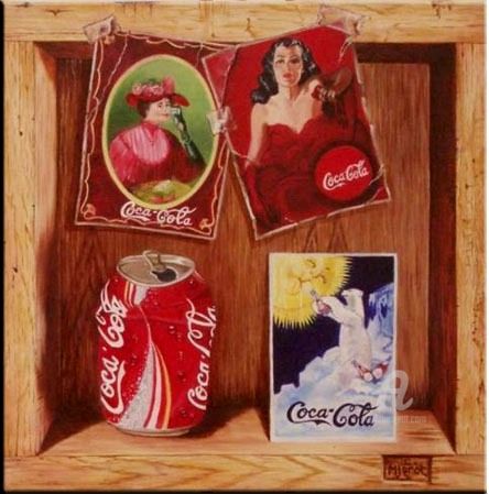 Painting titled "Coca Cola story" by Christine Mignot, Original Artwork, Oil Mounted on Wood Stretcher frame