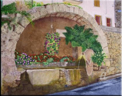 Painting titled "La fontaine de Mont…" by Christine Mignot, Original Artwork, Oil Mounted on Wood Stretcher frame