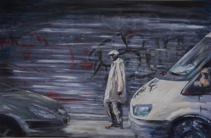 Painting titled "passant rue de mémi…" by Christophe Chevreau, Original Artwork, Oil Mounted on Cardboard