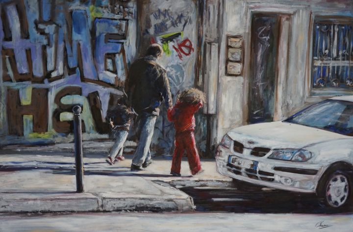 Painting titled "Père et enfants rue…" by Christophe Chevreau, Original Artwork, Oil