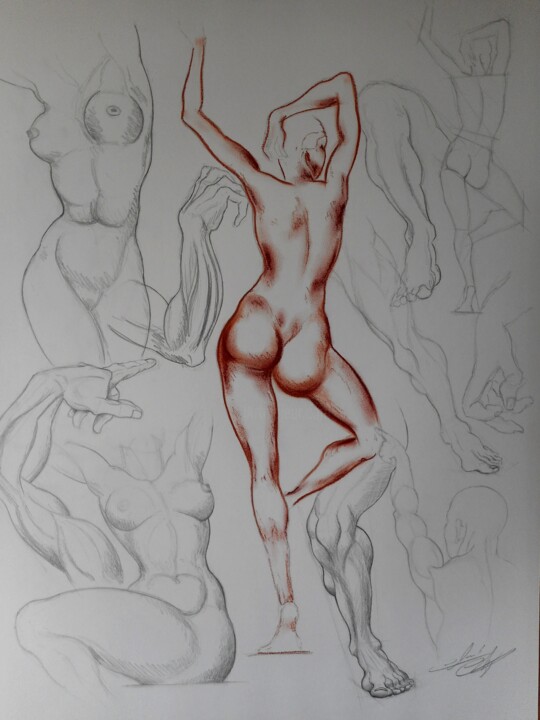 Dibujo titulada "Etude nus 1" por Christophe Clement, Obra de arte original, Carbón