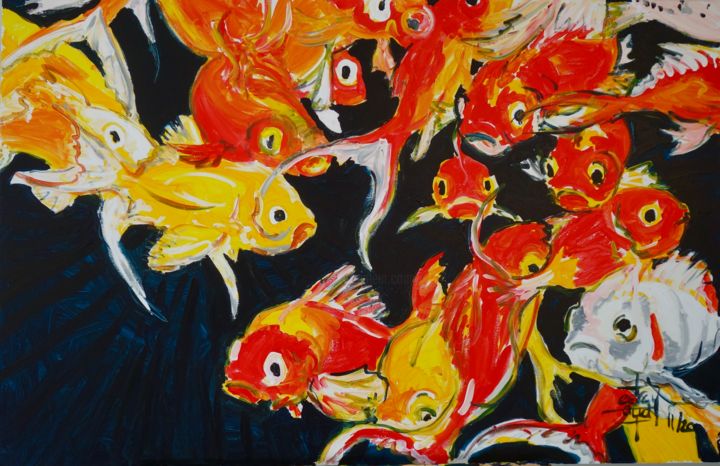 Pintura titulada "Poissons rouges" por Christophe Desrayaud, Obra de arte original, Acrílico