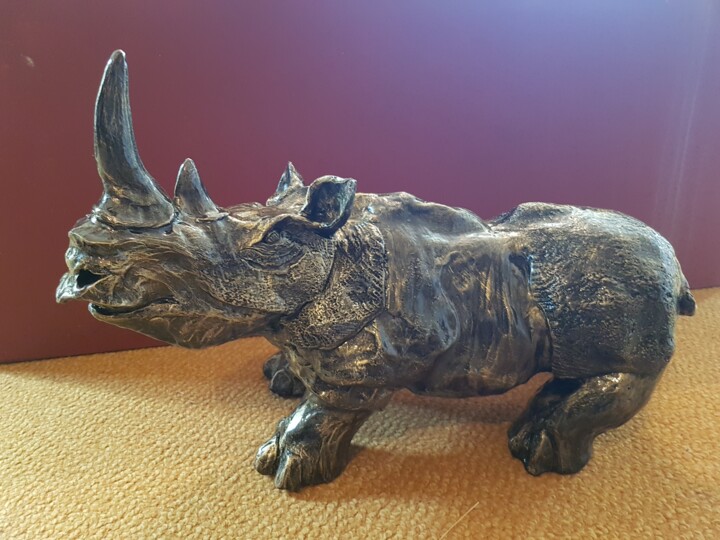 Sculpture titled "rhinocéros sur ça g…" by Christophe Hervé, Original Artwork, Terra cotta